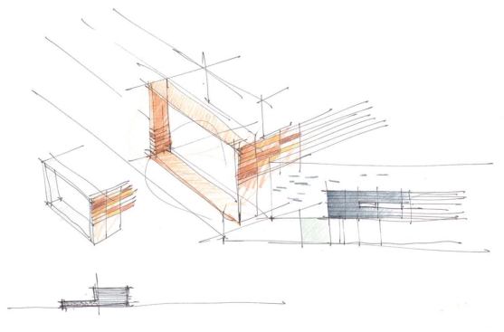 The bottom sketch is a study of the dance room, with a large window that juts over South Chicago Avenue.