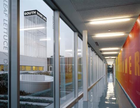 A third-floor hallway looks onto the rooftop garden and the center's iconic tower. The garden has an in-ground irrigation system, and its 2-foot soil depth supports everything except large trees.