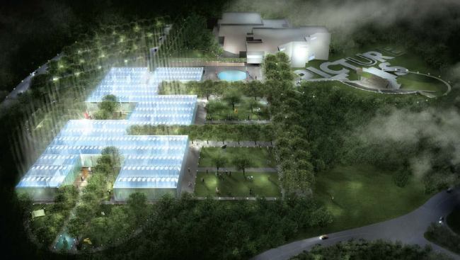 This bird's-eye view of the entire museum campus shows the simplicity of the form and how the landscape penetrates the building with fingerlike projections.