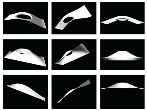 Working in Rhino software, the design team studied dozens of forms to refine the roof panels (below right, top row), coffers (middle row), and end panels (bottom row).