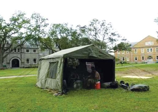 A U.S. Army National Guard tent pitched on campus during the recovery effort.