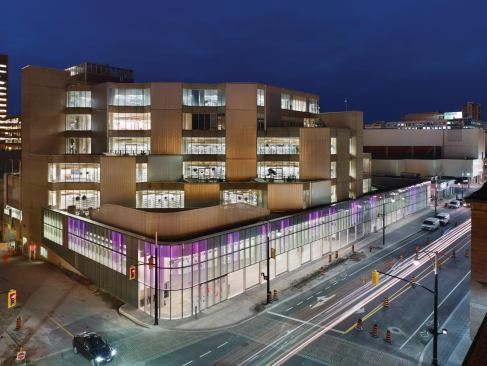 View from northeast corner with purple façade.