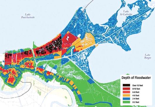 The Flooding: September 2005

A map of the post-hurricane flooding shows that the depth ranged considerably from neighborhood to neighborhood: less than 4 feet in the French Quarter, for instance, but up to 10 or more feet closer to Lake Pontchartrain. 