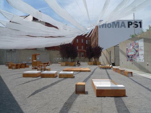 Holding Pattern, unlike previous YAP winning projects, explicitly connects the museum courtyard to its Long Island City neighborhood. Interboro asked area groups what they needed and then incorporated those objects into their design.