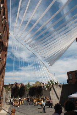 For the annual MoMA PS1 Young Architects Program, Brooklyn-based Interboro Partners Tobias Armborst, Daniel DOca, and Georgeen Theodore orchestrated the piece Holding Pattern.