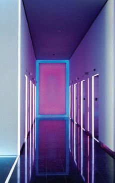 The narrow elevator arm of the lobby features a color-changing light cabinet at the end that serves as the focal point of the space. 