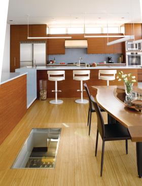 Cooking and serving functions occupy a platform one step up from the dining area, which places the counter at an appropriate height for barstools. A window in the floor offers a glimpse into the wine cellar.