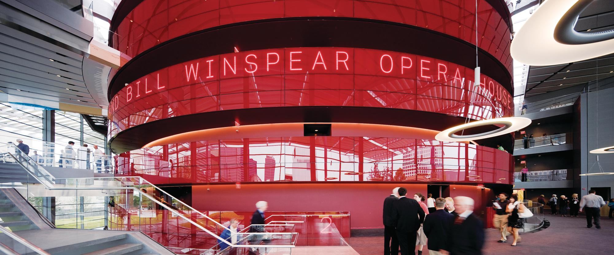 A beaconlike red drum forms the core of the Margot and Bill Winspear Opera House, designed by Foster + Partners.