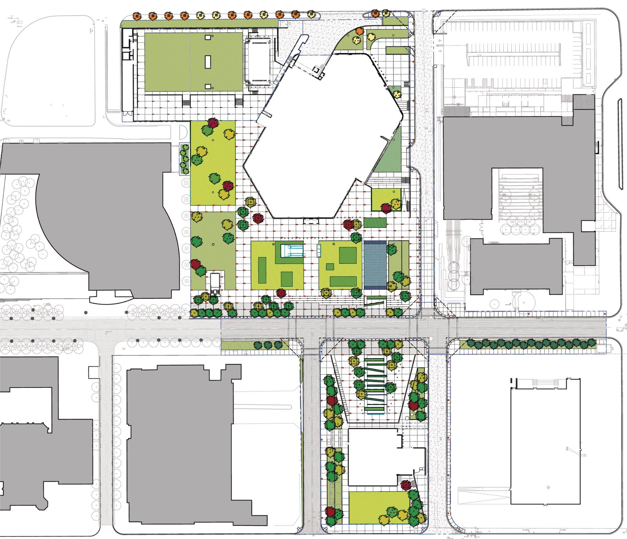 Site Plan: Winspear Opera House (top middle); Wyly Theatre (bottom middle); future site of Skidmore, Owings & Merrill's City Performance Hall (bottom right)