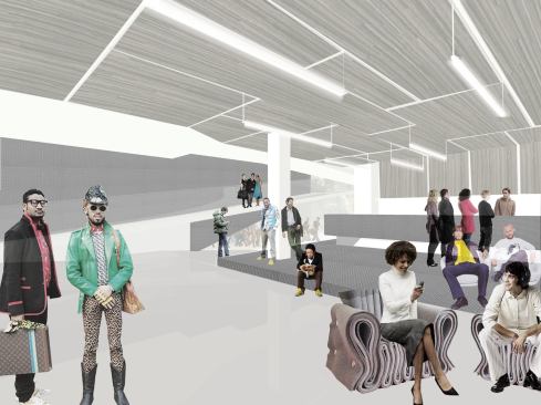 The ground floor entry space has a bar and lounge seating; it is from this point that the ramps begin to lead up to the venue floors above. In an effort to maximize durability and sound abatement while still maintaining the grungy rock-and-roll aesthetic, the architects decided to clad the ceiling in felt panels and the bar in neoprene.
