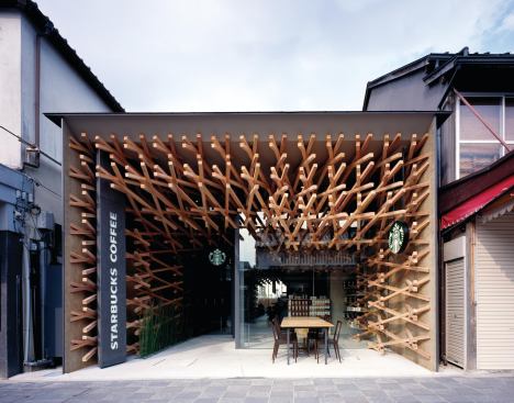 Located on the approach to one of Japan’s most popular shrines, the Starbucks store is scaled to fit into the fabric of the historic district.