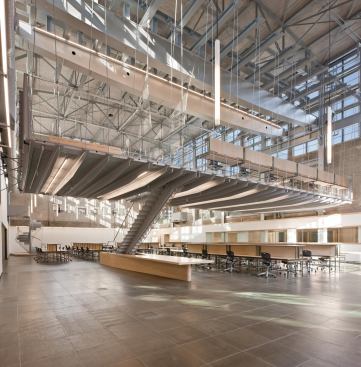 The pendant lights in the high-bay of the Hinman Building's laboratory space are designed to be retractable. However, motors for the system were cut due to budgetary constraints. They may be installed at a later date.