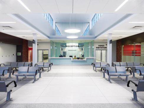 The center features a bright reception area. The Prison Moratorium Action Committee, as part of its protest against the facility, initiated a letter-writing campaign to all Zeidler employees, calling them to task for profiting from a system that locks people up.