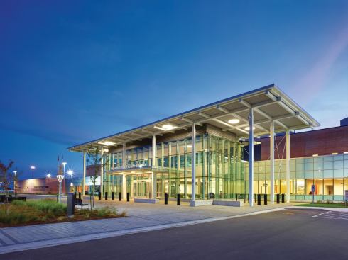 The center's Miesian, light-filled entry pavilion.