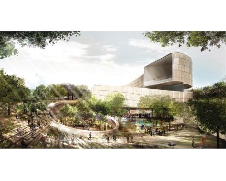 2. A canopy shades the Mall-side approach to the museum, but the lobby proper is flooded with light from a double-height glazed atrium. “As you move through the building, your eye is often drawn upward toward the sky,” says Peter Cook. The uplifting effect is quite deliberate. “It isn’t traceable to one thing,” he says. “But you get the feeling that the building is majestic and celebratory.”