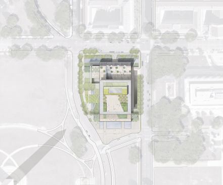 3. A site plan shows the location of the new museum, located on the north side of the National Mall, between the American History Museum (another member of the Smithsonian family) and the Washington Monument.