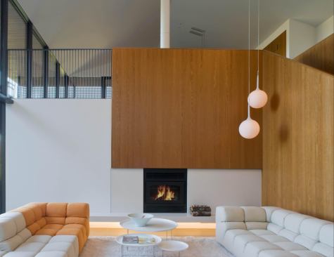 The new interior centers on a double-height living room one story below the entry level.

