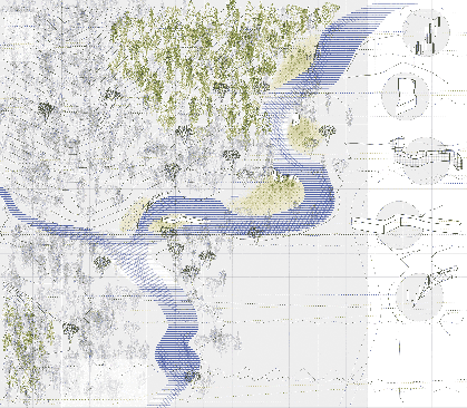 Plan of Built Interventions in the River, shown before and after plant proliferation