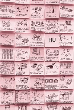 In HU: Common Spaces in Housing Units (Arquine, 2019), Montiel compiles her firm’s research on three housing rehabilitation projects across Mexico on Post-its.