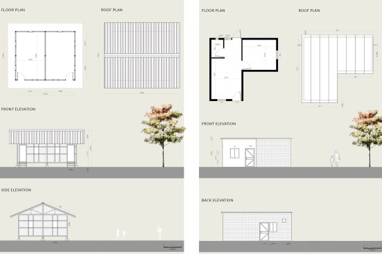 Two projects from the UNHCR design catalog: A Twin Elevated Shelter from Myanmar (left), and an L-Shape Shelter from Iraq
