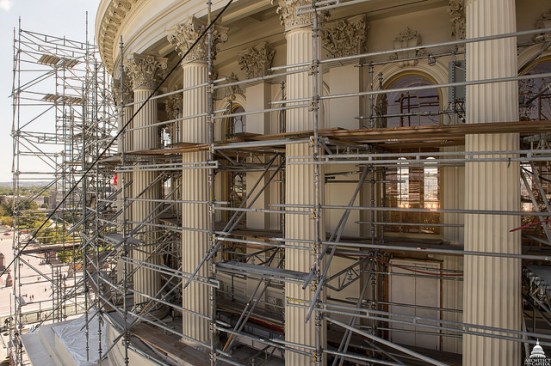 A close up of the scaffolding, which was illuminated at night so locals could see it from afar.