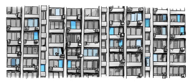 High-rise apartment building with balconies and air-conditioning units, Cairo, circa 1970