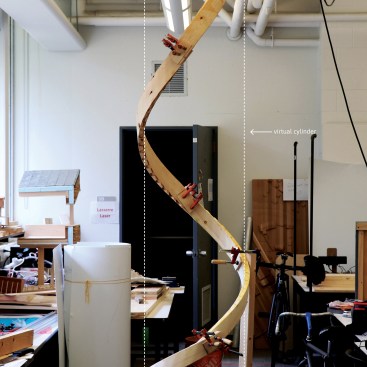 Generating consistent outcomes took the team time. This cylinder test mated multiple zipped 2x4s together around an implied cylinder. The test's success gave the team confidence to try erecting a small structure.