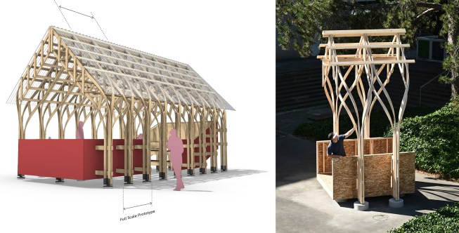 This zippered wood prototype explores the formal capacity of the research by producing a modified bay of an outdoor pavilion designed to house student performances or impromptu teaching spaces. Left: Rendering of a complete structure using repurposed timber converted into zippered wood members. Right: The built, one-bay structure both reminds visitors of conventional construction while subverting the logic of a stud wall.